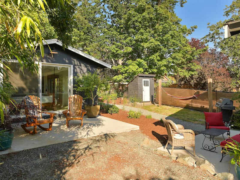 Outside the second private bedroom cottage with king bed and breakfast bar plus coffee and tea bar.