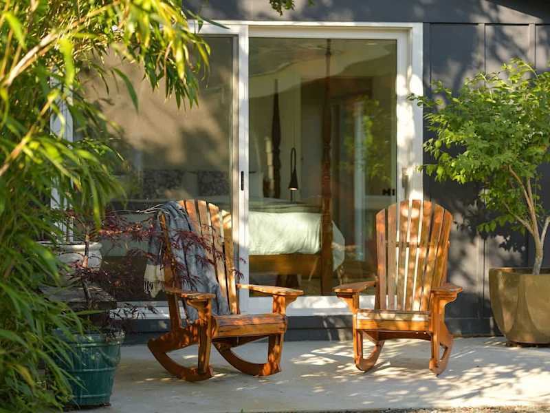 Outside the second private bedroom cottage with king bed and breakfast bar plus coffee and tea bar.