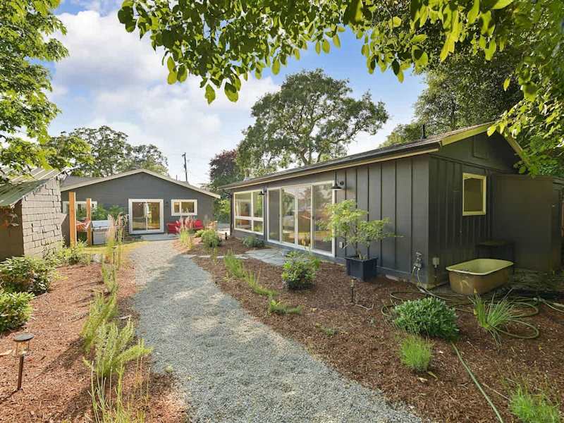 Backyard living and garden spaces.