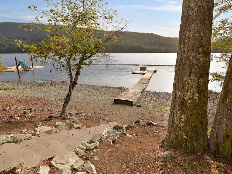 Lakeside beach and private dock.