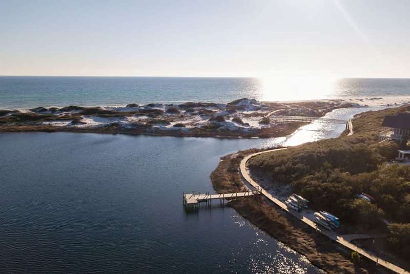 Aerial view of the boardwalk to the beach! Dune lake that does from behind the home out to the Gulf.
