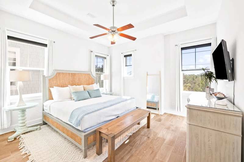 Primary bedroom located on second floor features a King bed, full-length mirror, and smart TV!