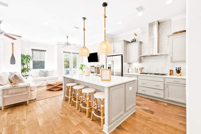 Kitchen island has seating for 4.