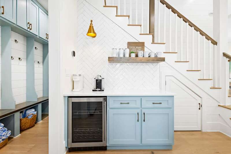 Drink bar complete with nespresso, keurig and mini fridge!