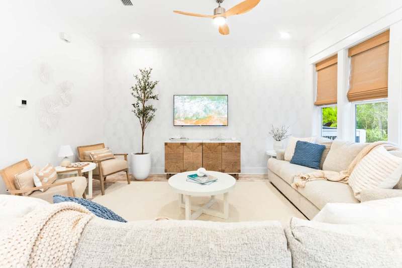 Living room space has a smart tv.