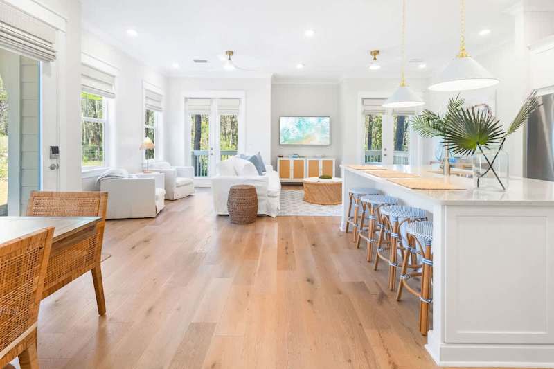 Large kitchen island includes seating for 4.