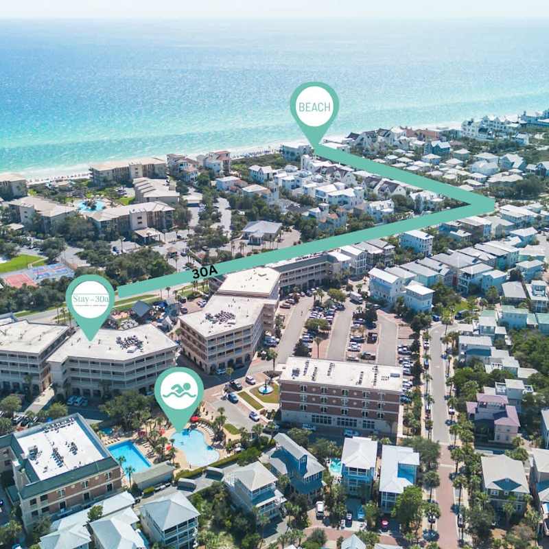 Just off 30a with a 7-10 minute walk or 5 minute tram ride (included)