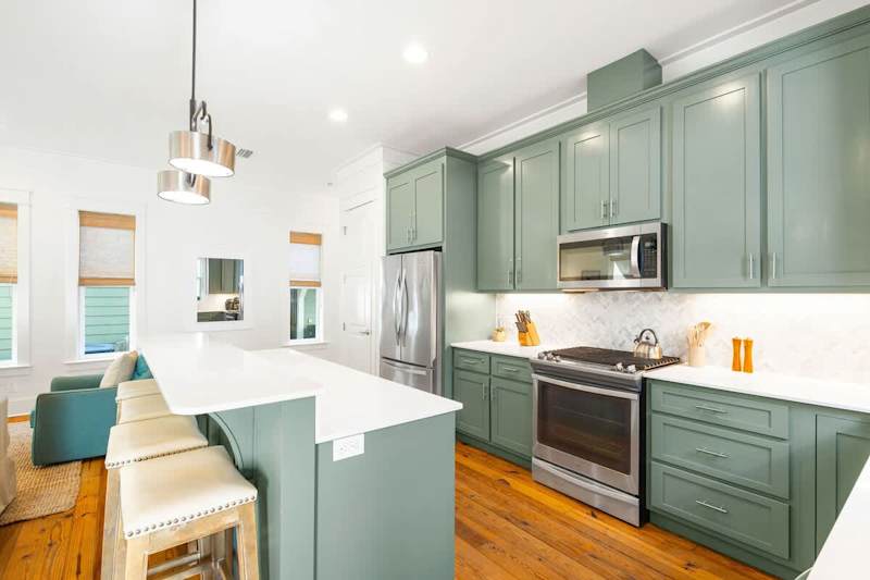 Kitchen island features seating for 4