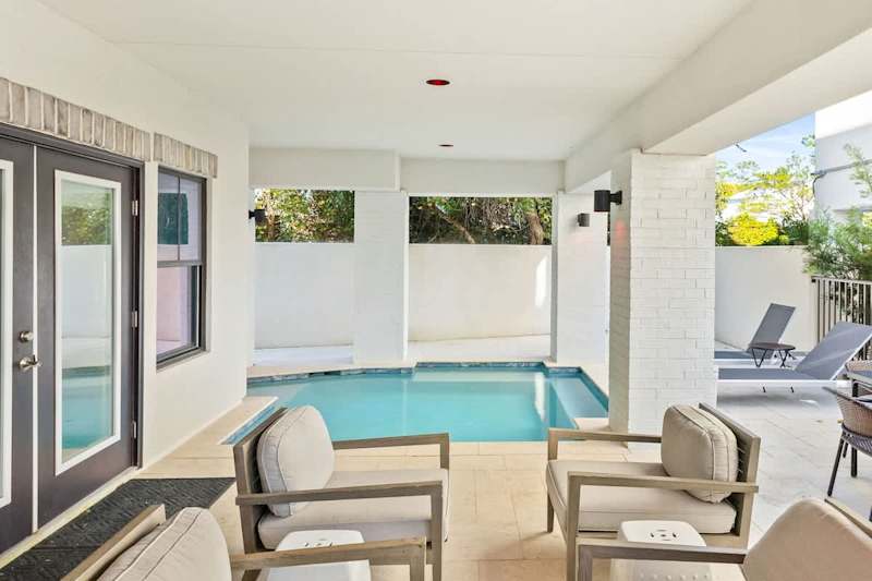 Home features a lovely covered pool.