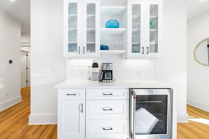 Home features a coffee nook and beverage cooler.