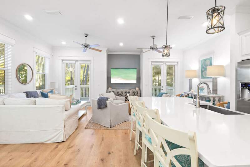 Large kitchen island features seating for 4.