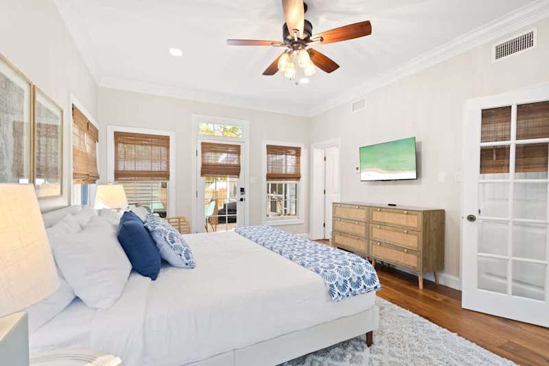Bedroom features a smart tv to wind down at night.
