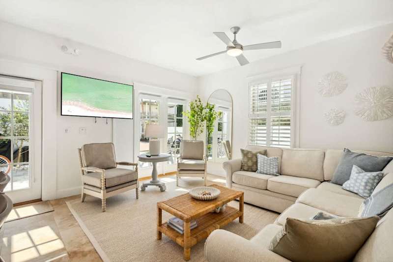 Living room includes a smart tv for winding down at night.