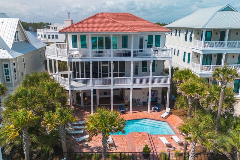 Private pool and multiple balconies.