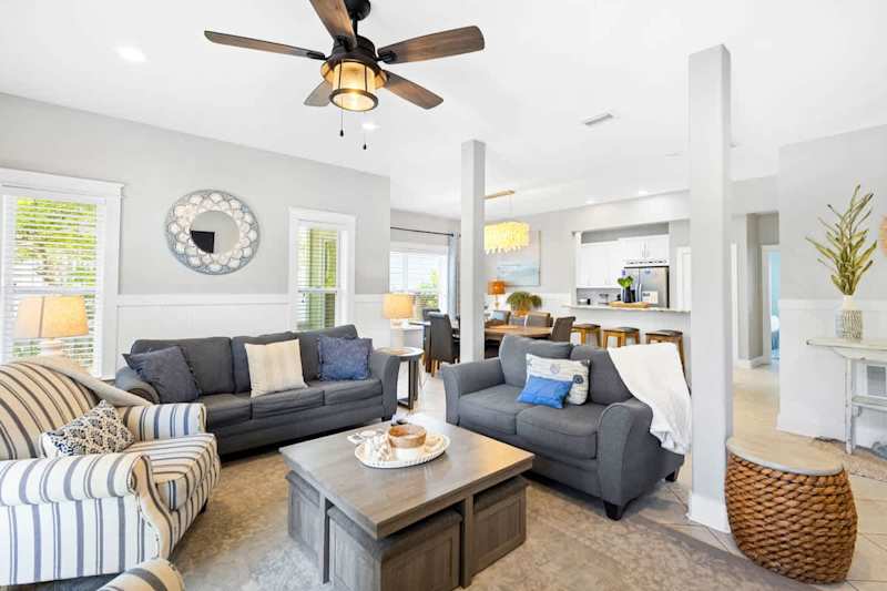 Living room includes a queen sleeper sofa.