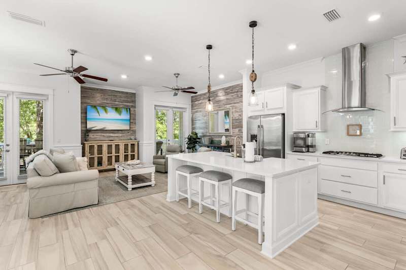 Large kitchen island includes seating for 3.