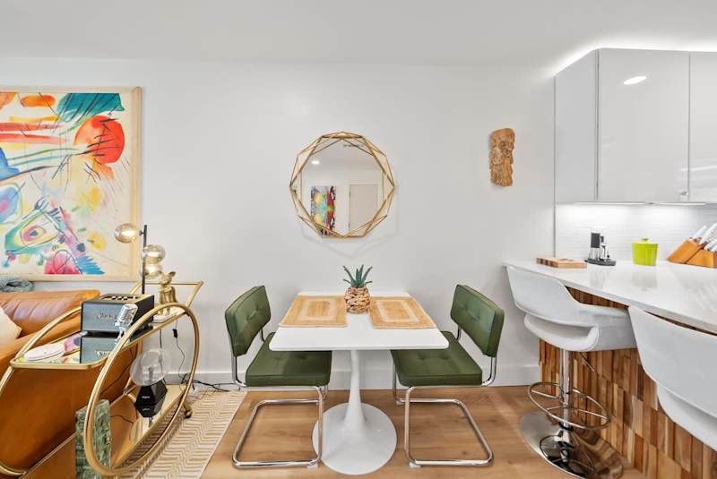 Dining table features seating for 2.