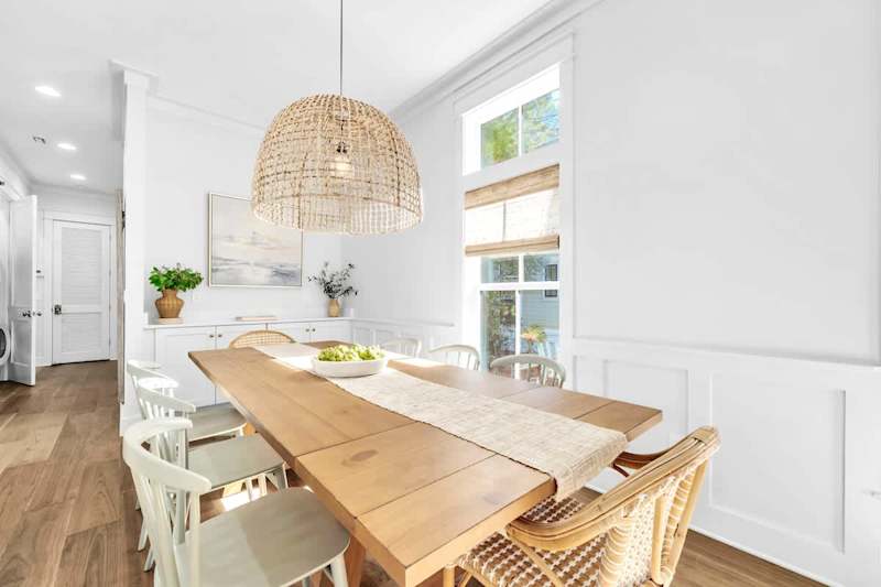 Dining room table includes seating for eight.