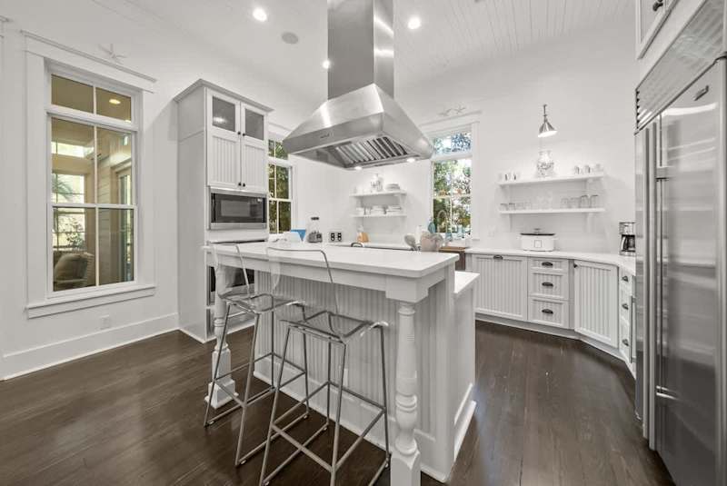 Kitchen island includes seating for 2.