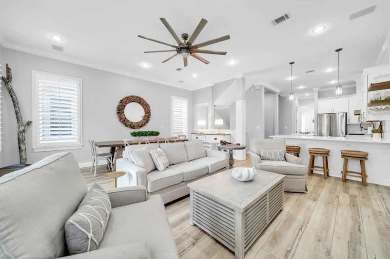 Seamless open floor living and dining space.