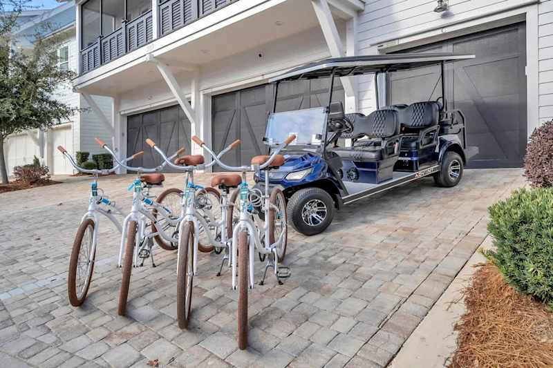 6-seater golf cart and 4 adult bicycles included complimentary to enjoy scenic 30a!