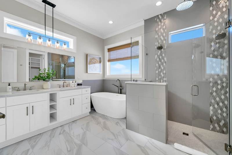 Primary bathroom features a soaking tub and walk-in shower