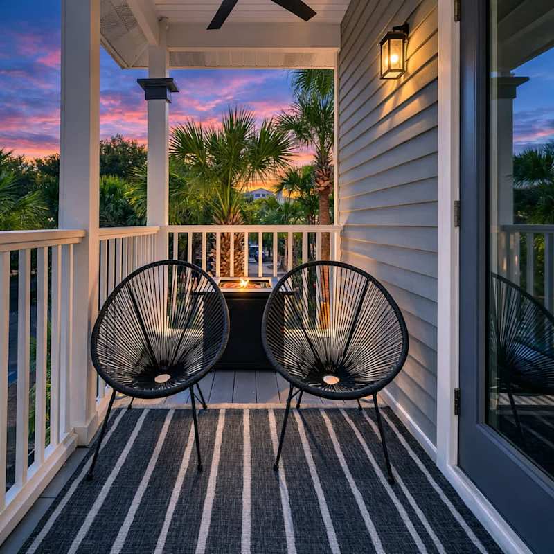 Private covered balcony with outdoor seating & fireplace