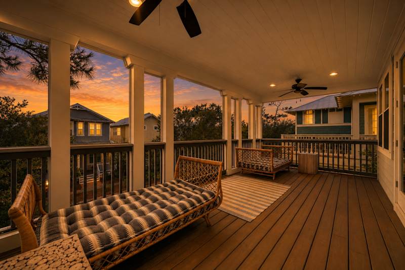 Second floor private covered balcony with seating, perfect for catching those 30a sunsets