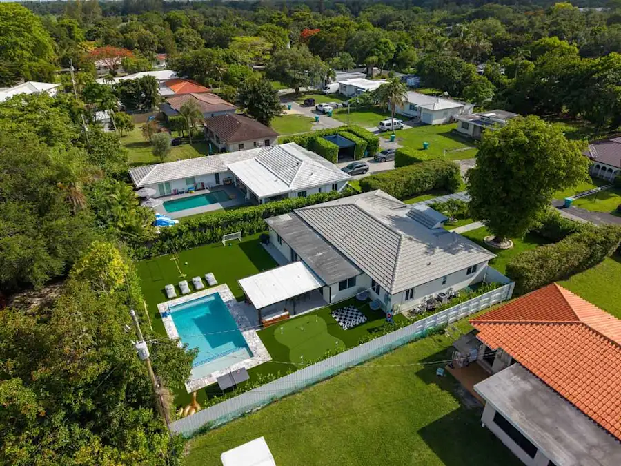 Aerial view of Villa Alana's pool, lawn and terrace