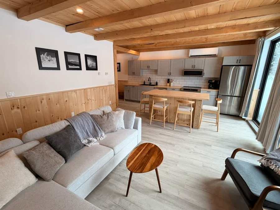 The living room, with a sofa, smart TV and fireplace.