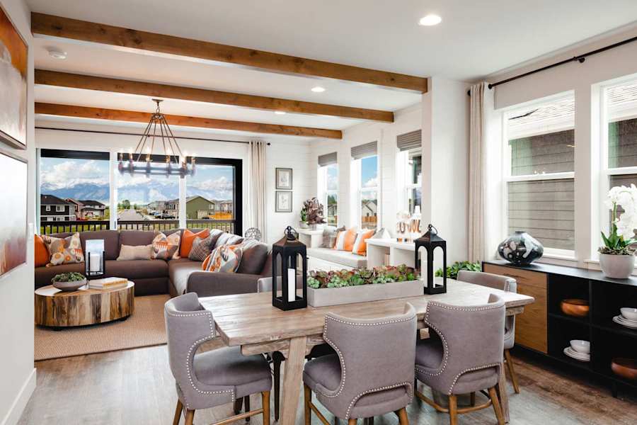The kitchen and dining area, with seating for meals together.