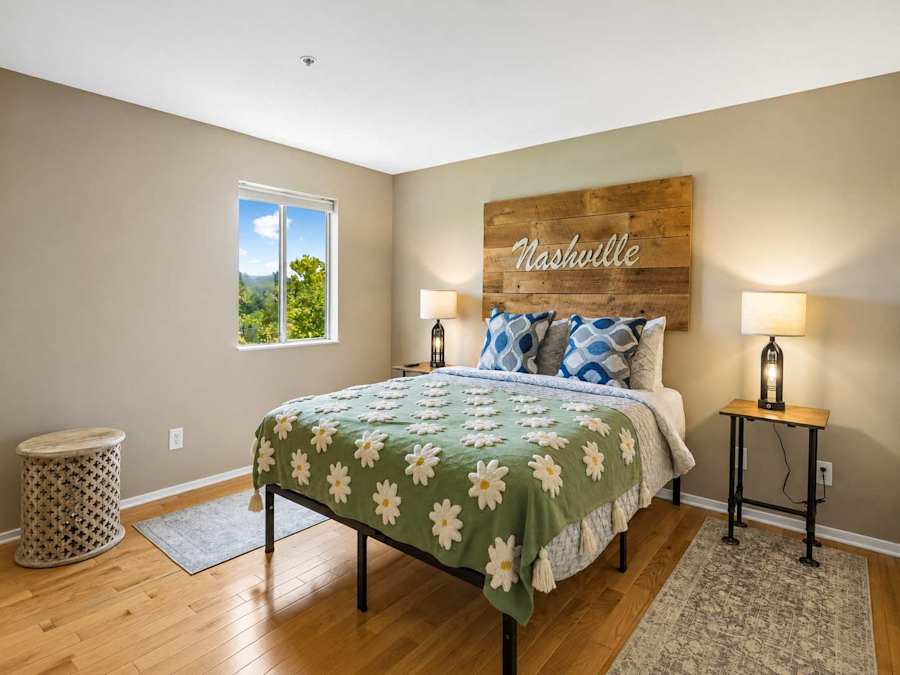 The bedroom, set up for restful nights.