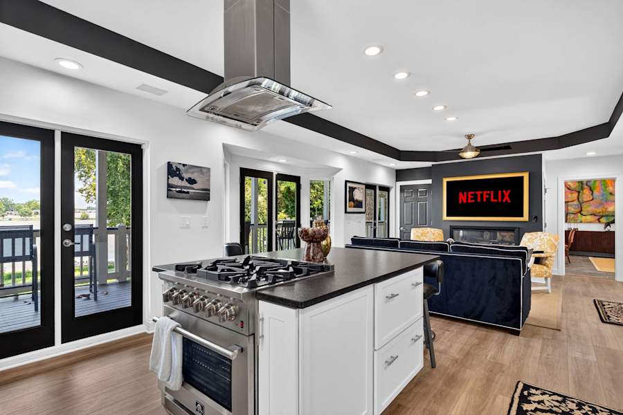 The open kitchen and dining area, with room to cook and eat together.
