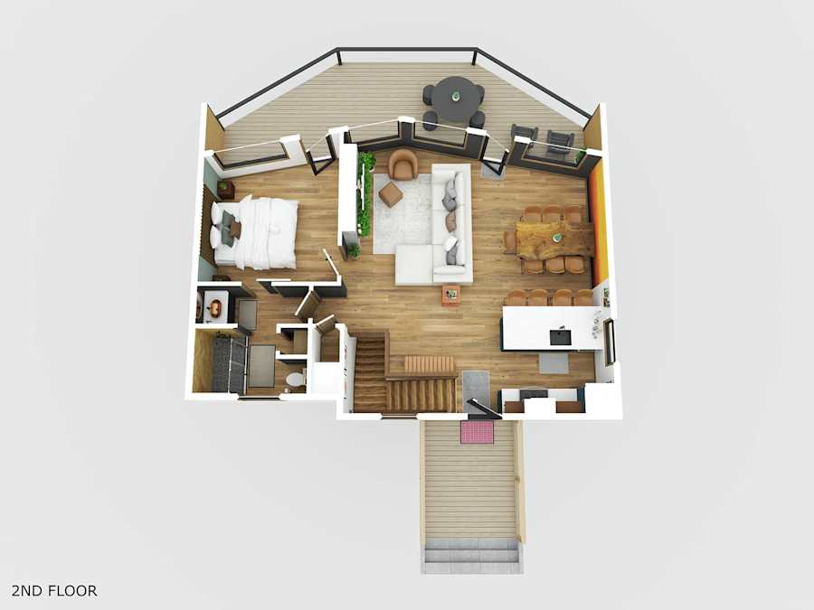 Floor plan providing an overview of the cabin’s interior.
