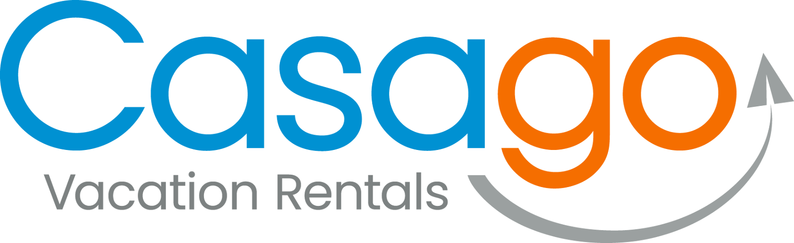 Casago Vacation Rentals logo in blue and orange with gray text and curved gray and orange lines